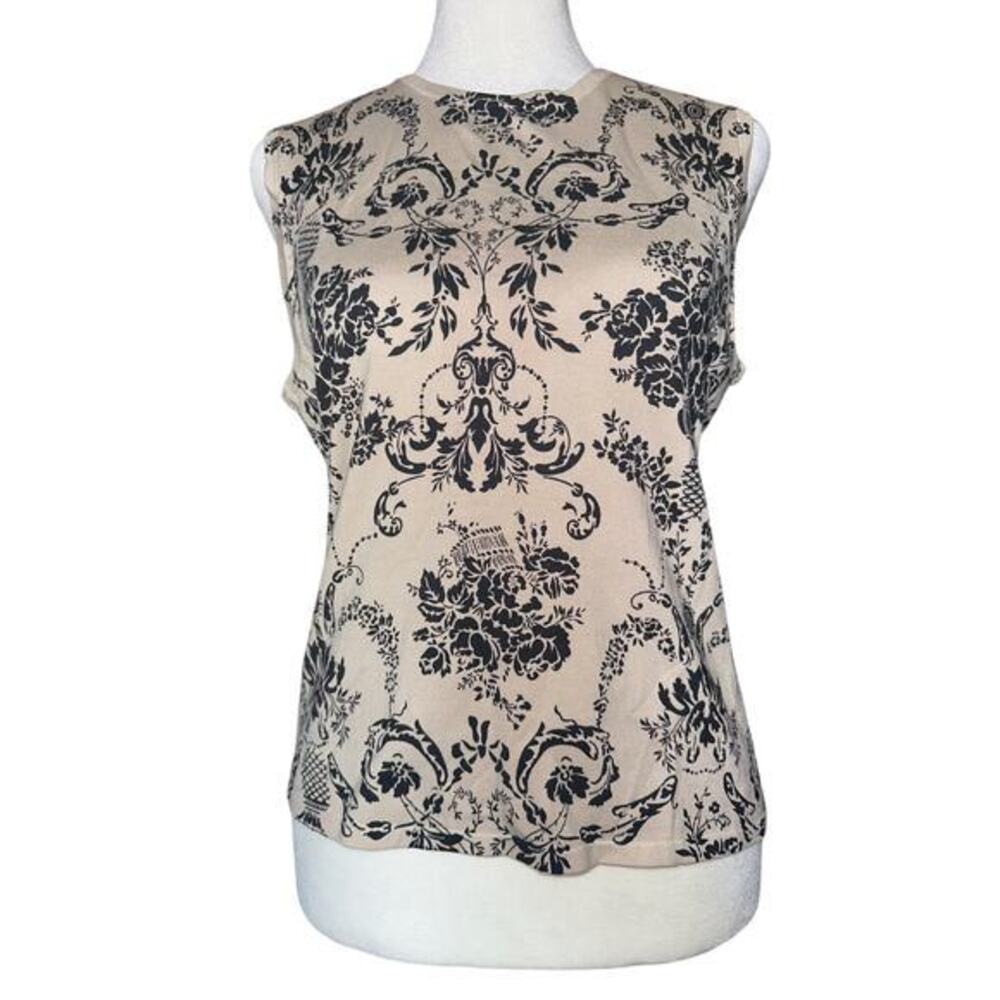 City Silk Petite Sleeveless Damask Floral‎ Knit Top Beige Black Silk Blend PM